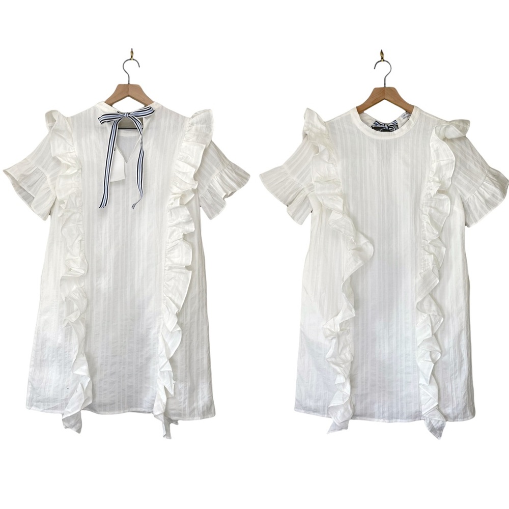NWT English Factory Cotton Ruffle Striped Mini Dress S Contrast Ribbon Tie